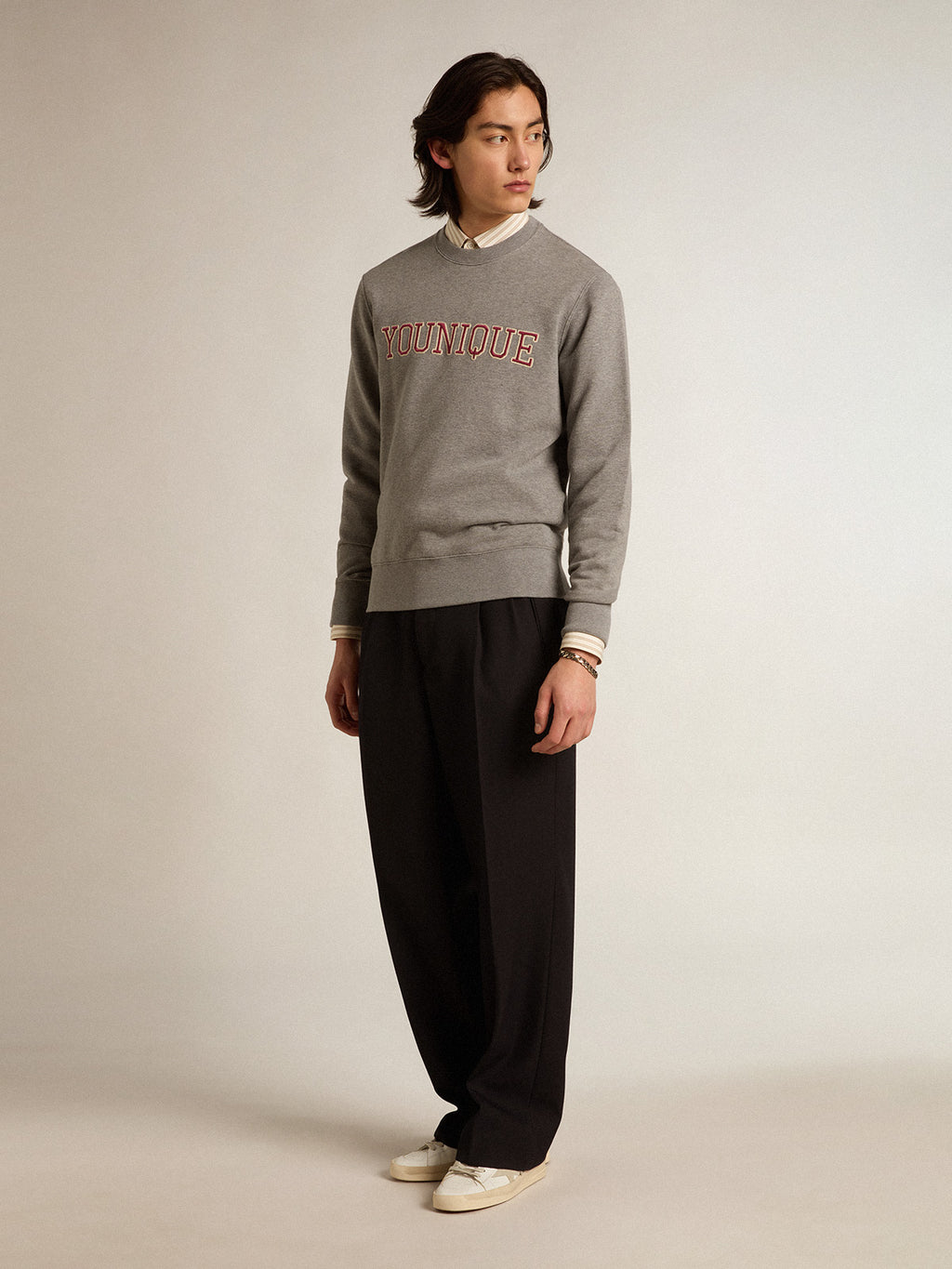 Men's white cotton shirt with beige stripes| Golden Goose