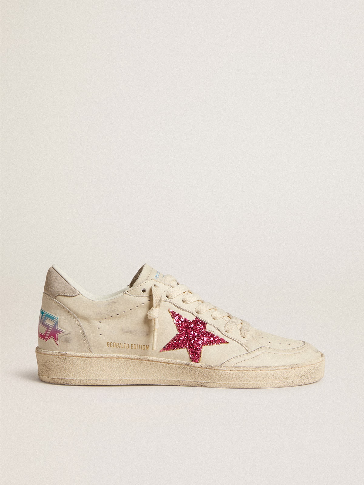 Ball Star LTD with fuchsia glitter star and light gray suede heel tab| Golden Goose