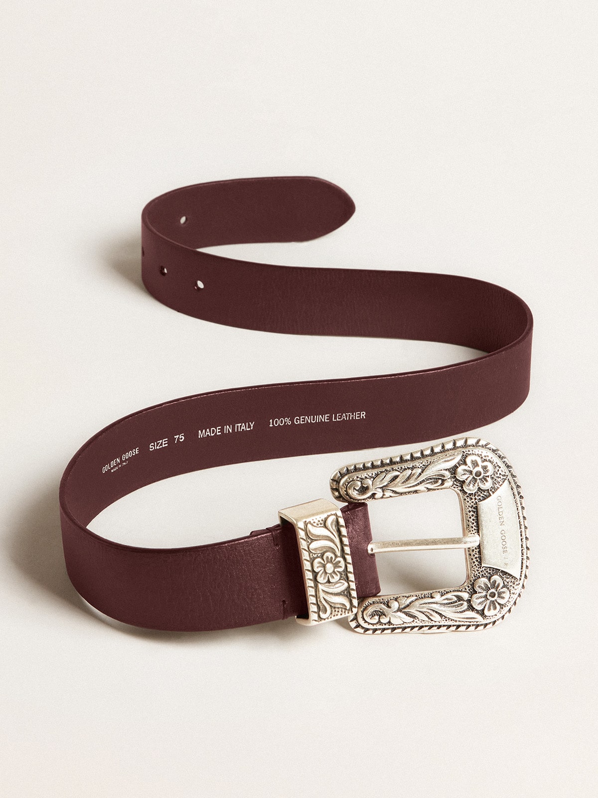 Women's belt in burgundy leather with decorated silver buckle| Golden Goose