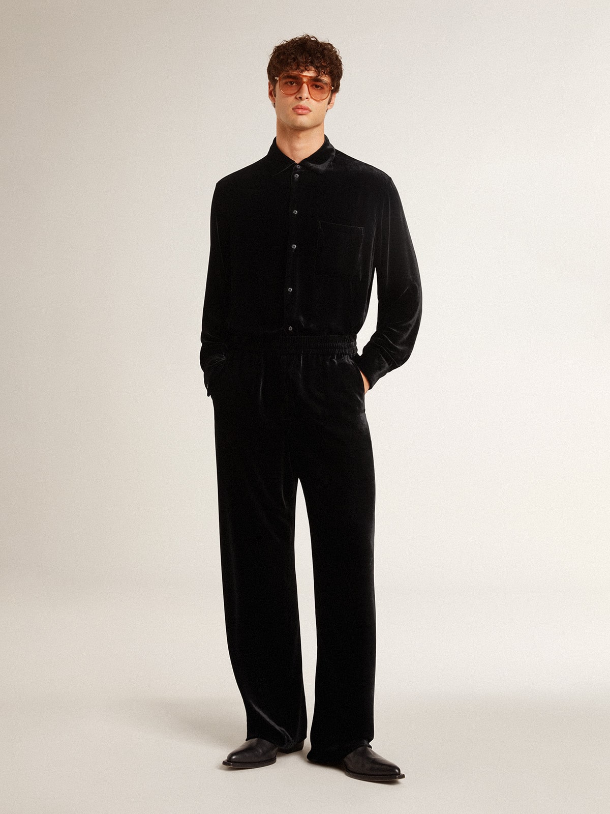 Men's black velvet effect pants| Golden Goose
