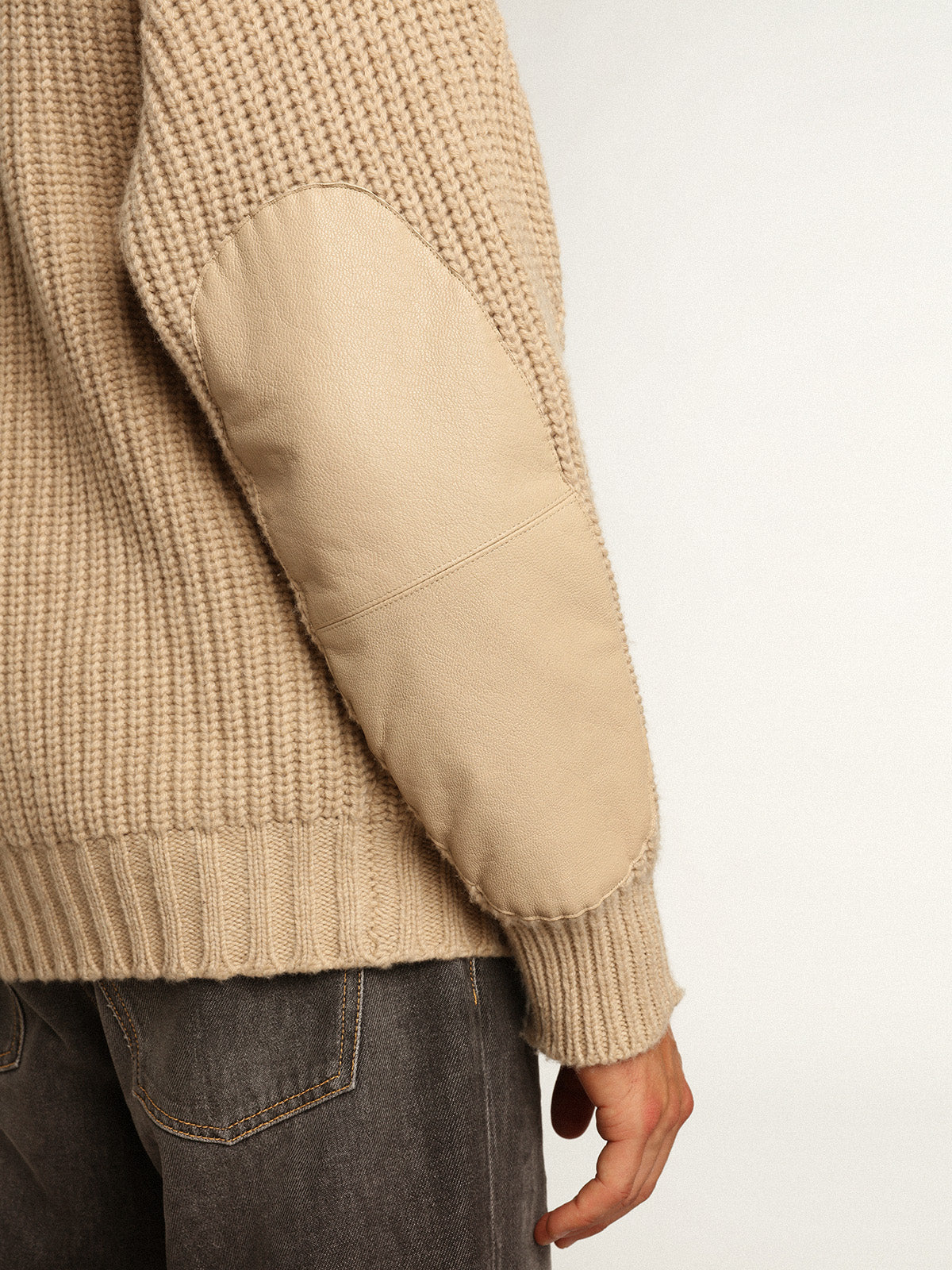 Men's double-breasted beige wool cardigan with leather patches| Golden Goose