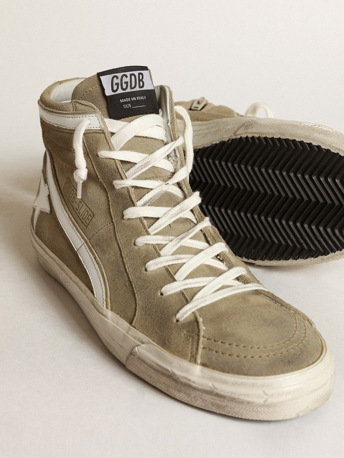 Men's Slide in military green suede with star and white flash| Golden Goose