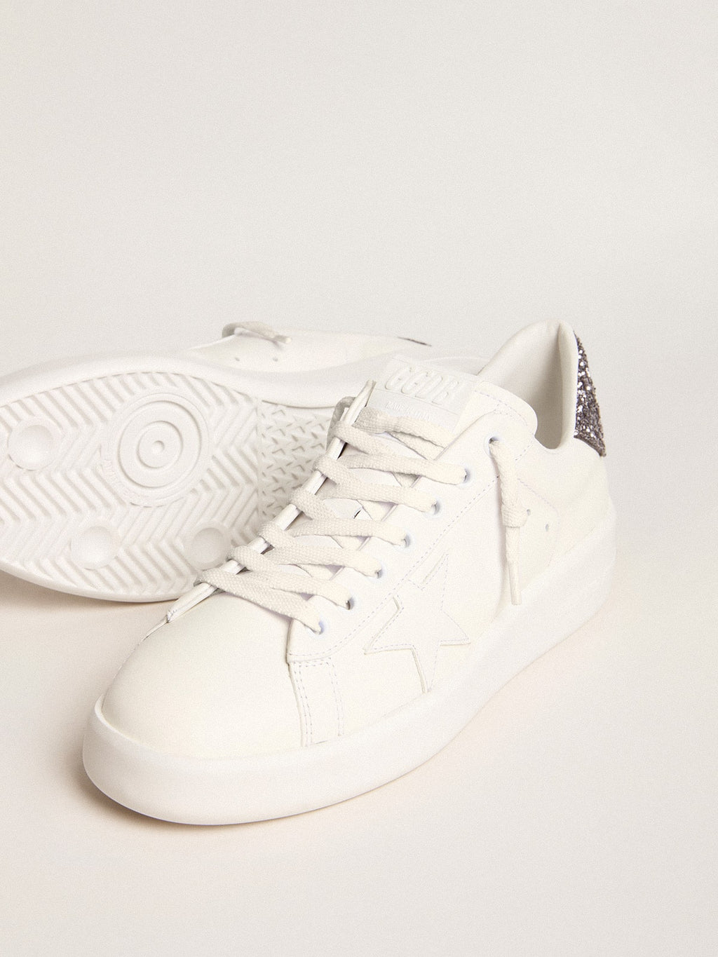 Women's Purestar with white leather star and anthracite glitter heel tab| Golden Goose