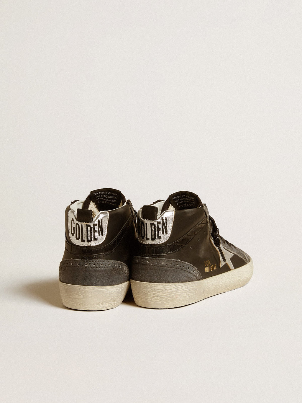 Women's Mid Star in black leather with silver metallic leather star| Golden Goose