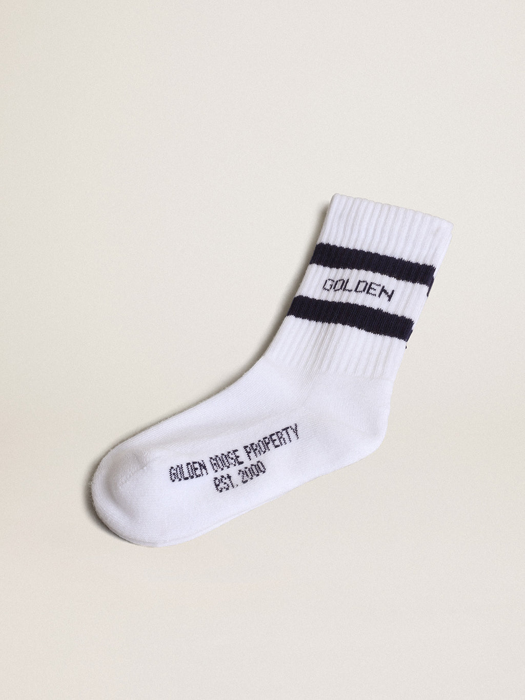 White cotton socks with navy-blue stripes and Golden Goose logo| Golden Goose
