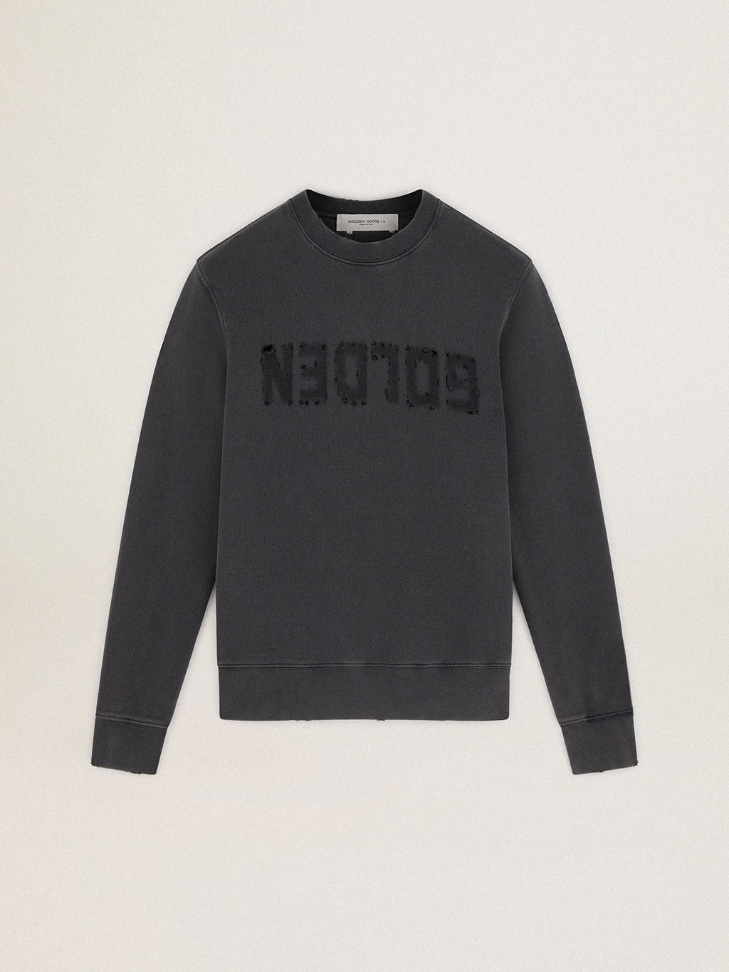 Men's gray sweatshirt with logo and distressed treatment| Golden Goose