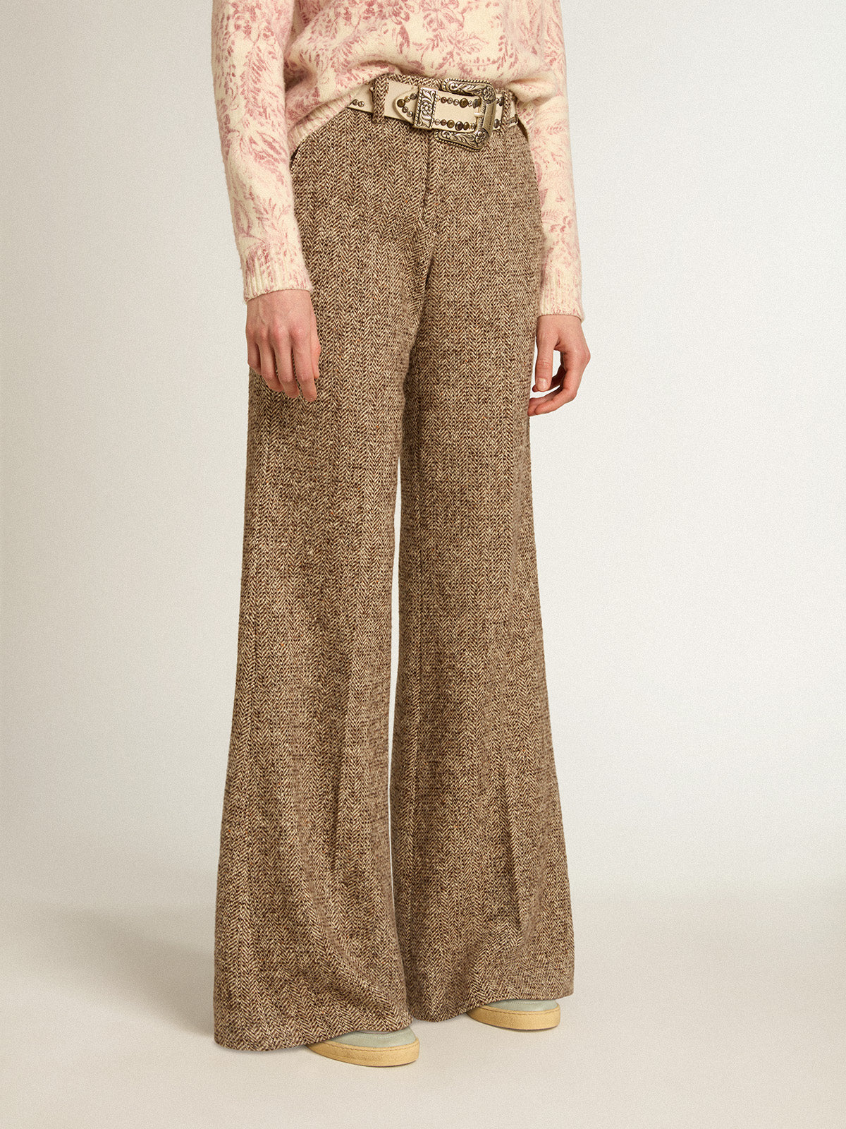 Women's pants in beige and brown wool and silk blend fabric| Golden Goose