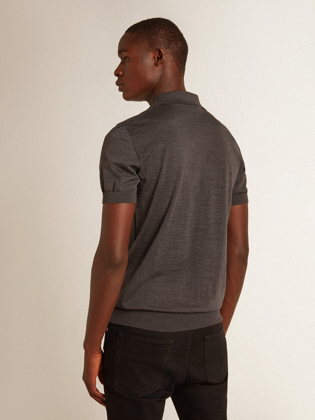 Men's short-sleeved polo shirt in gray merino wool| Golden Goose