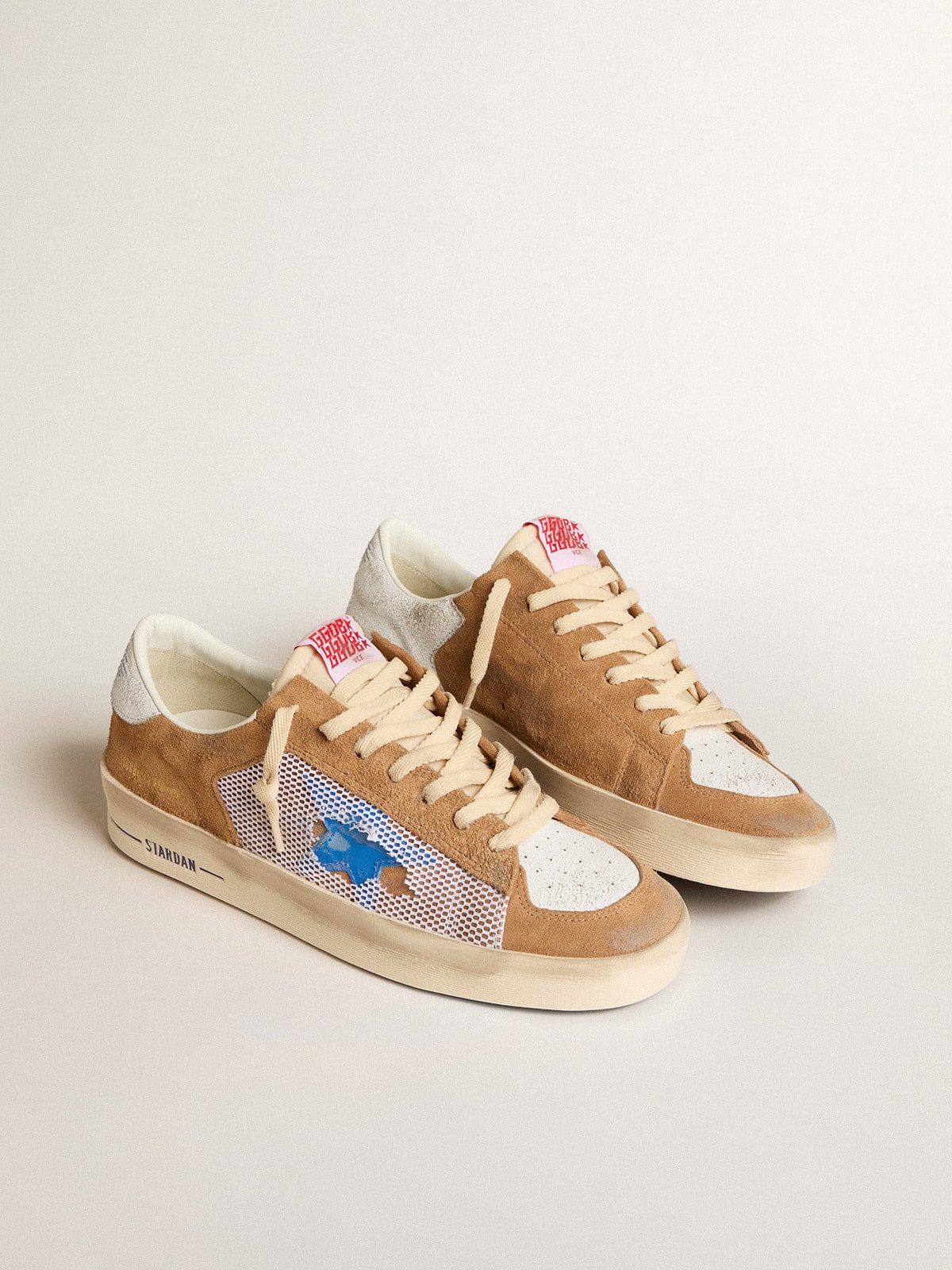 Stardan LTD in tobacco suede and mesh with blue star and leather heel tab| Golden Goose