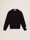 Men's round-neck sweater in dark blue cotton with logo| Golden Goose