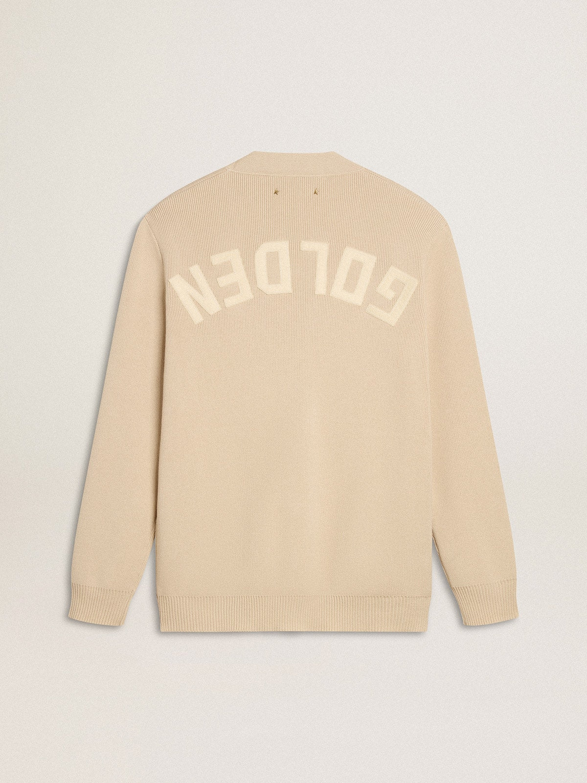 Men's beige cardigan with 'Golden' lettering on the back| Golden Goose