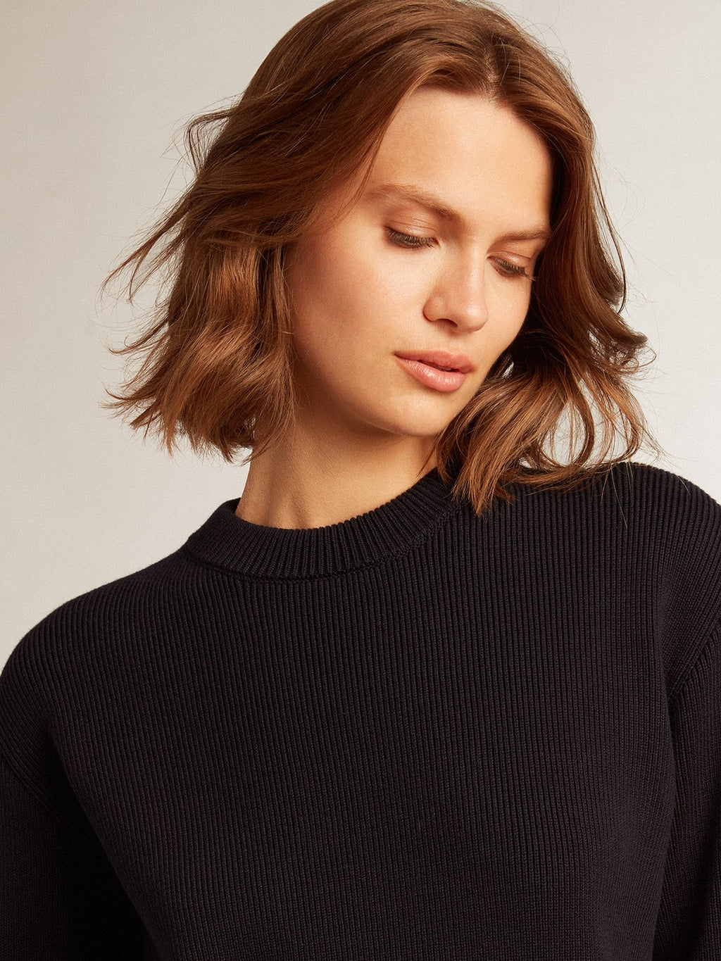 Women's round-neck sweater in dark blue cotton with logo on the back| Golden Goose
