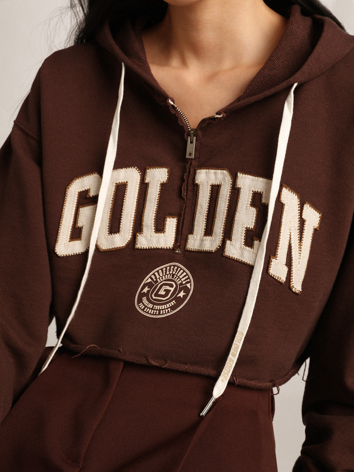 Walnut-brown Journey Collection hooded cropped sweatshirt with contrasting white Golden lettering| Golden Goose