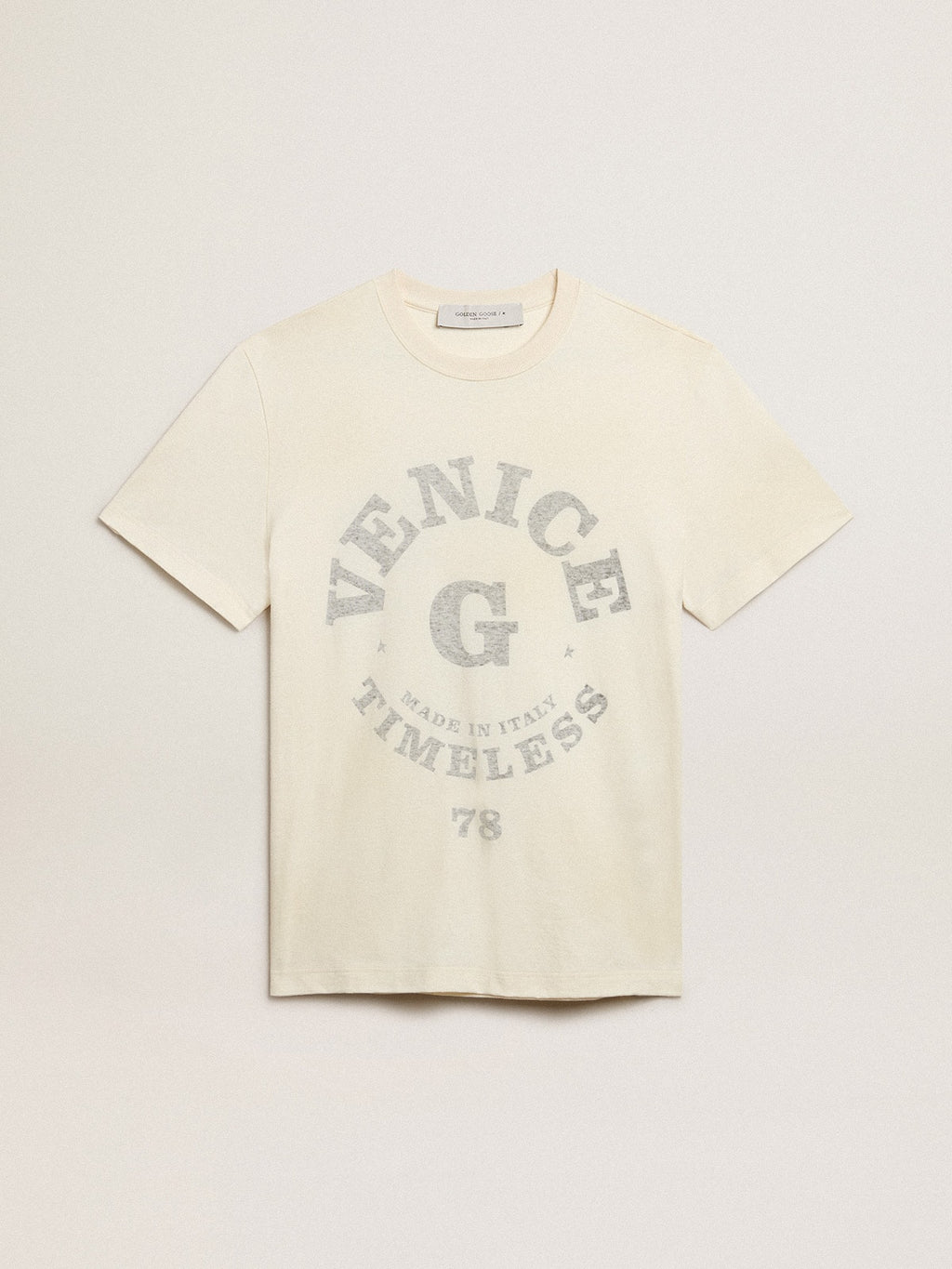 Men's cotton T-shirt in aged white with faded lettering| Golden Goose