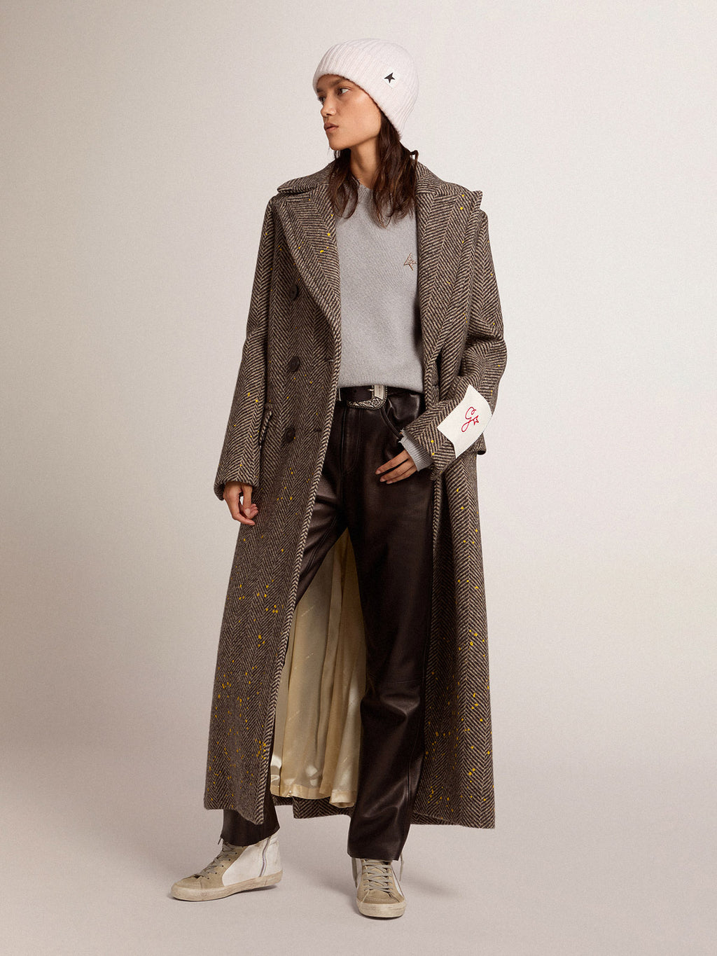Women's long herringbone coat with yellow details| Golden Goose