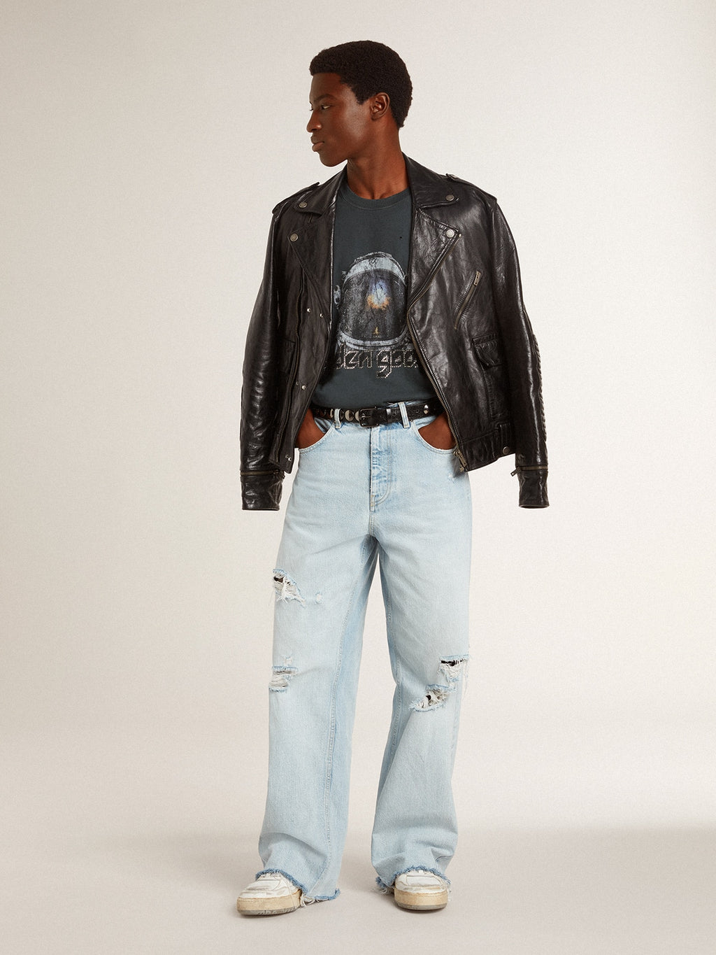 Men's black leather biker jacket with glossy effect| Golden Goose