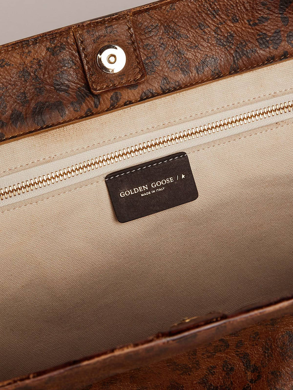 Pasadena Bag in hammered leather with leopard print and contrasting black handles| Golden Goose