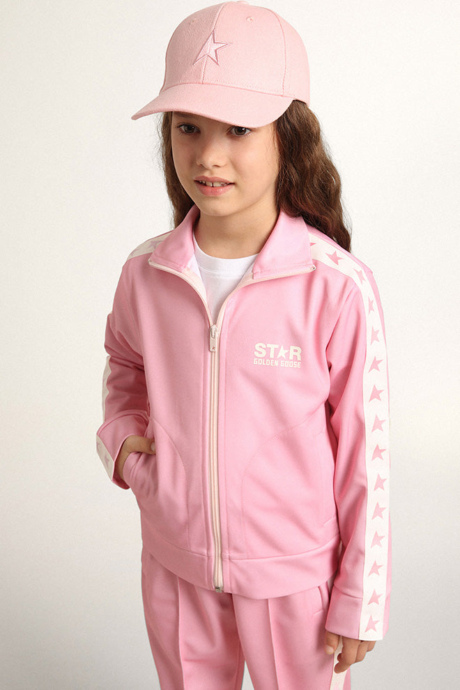 Pink zipped sweatshirt with white strip and pink stars| Golden Goose