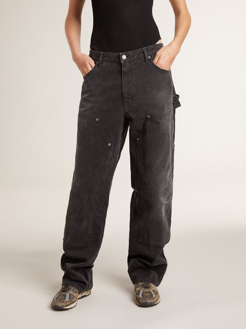Women's distressed black cotton jeans with front patches| Golden Goose