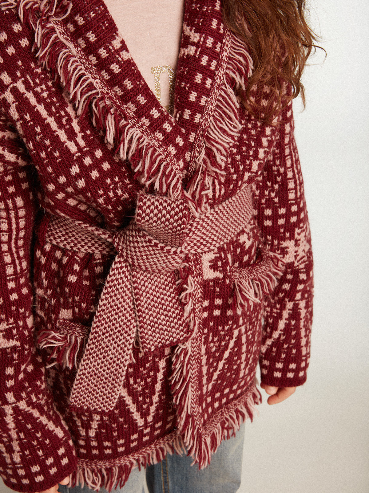 Girls' belted cardigan with burgundy Fair Isle motif| Golden Goose