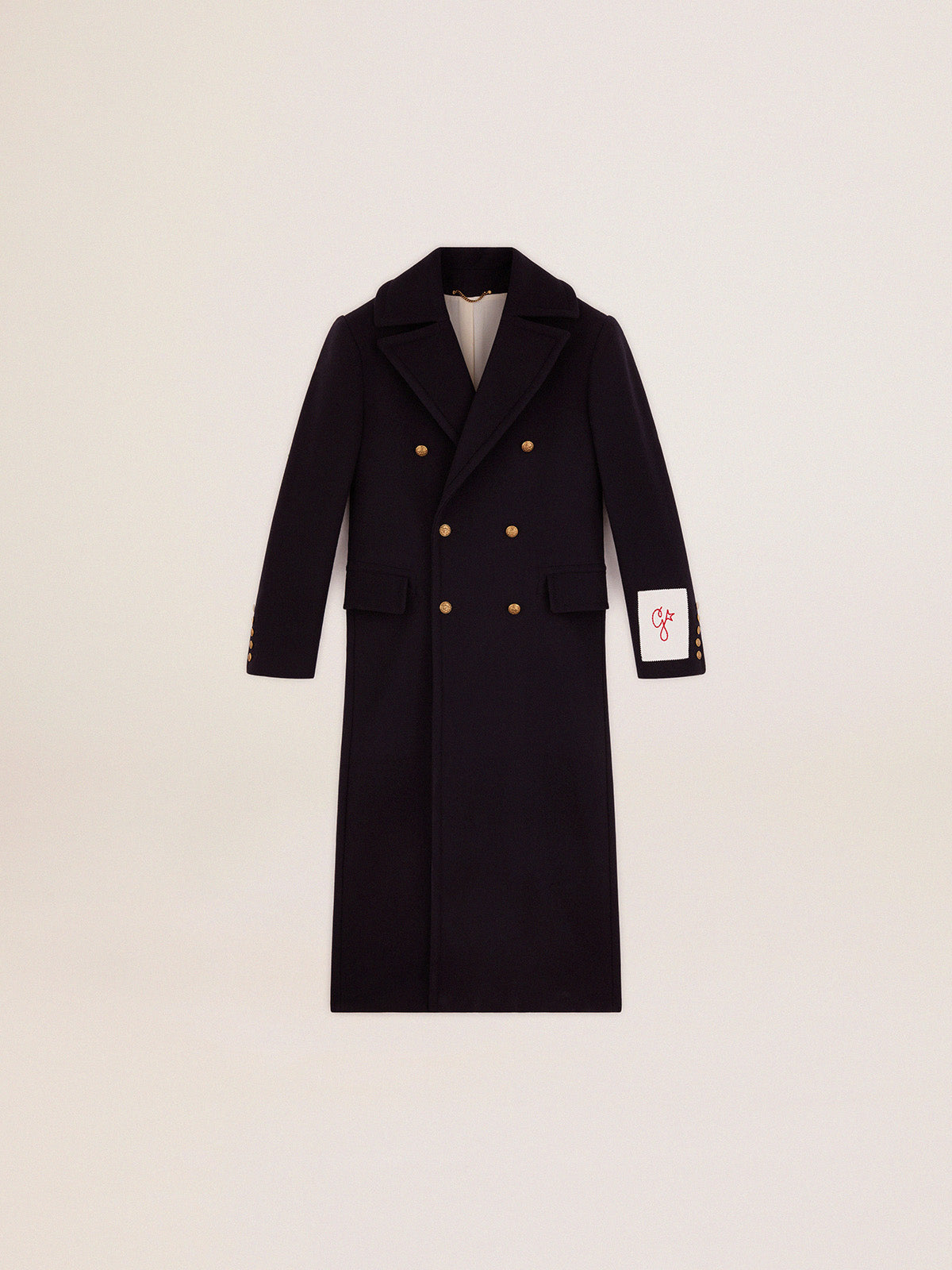 Men's double-breasted coat in blue wool with gold buttons| Golden Goose