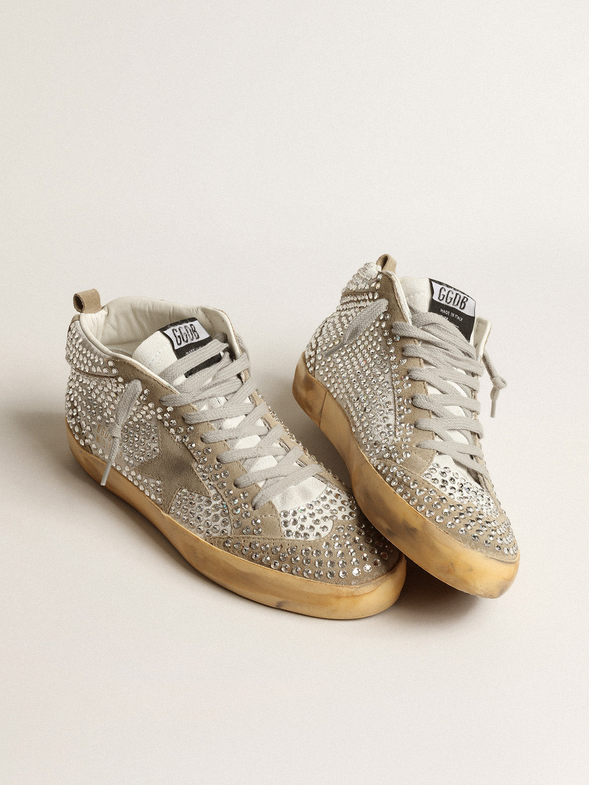 Mid Star LTD in white and dove-gray suede with Swarovski crystals| Golden Goose