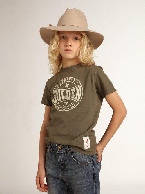 Boys' olive-green T-shirt with printed white logo in the center| Golden Goose
