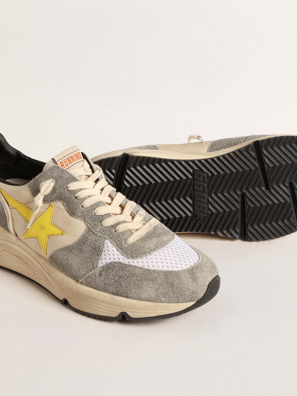 Running Sole in beige nylon and gray suede with yellow star| Golden Goose
