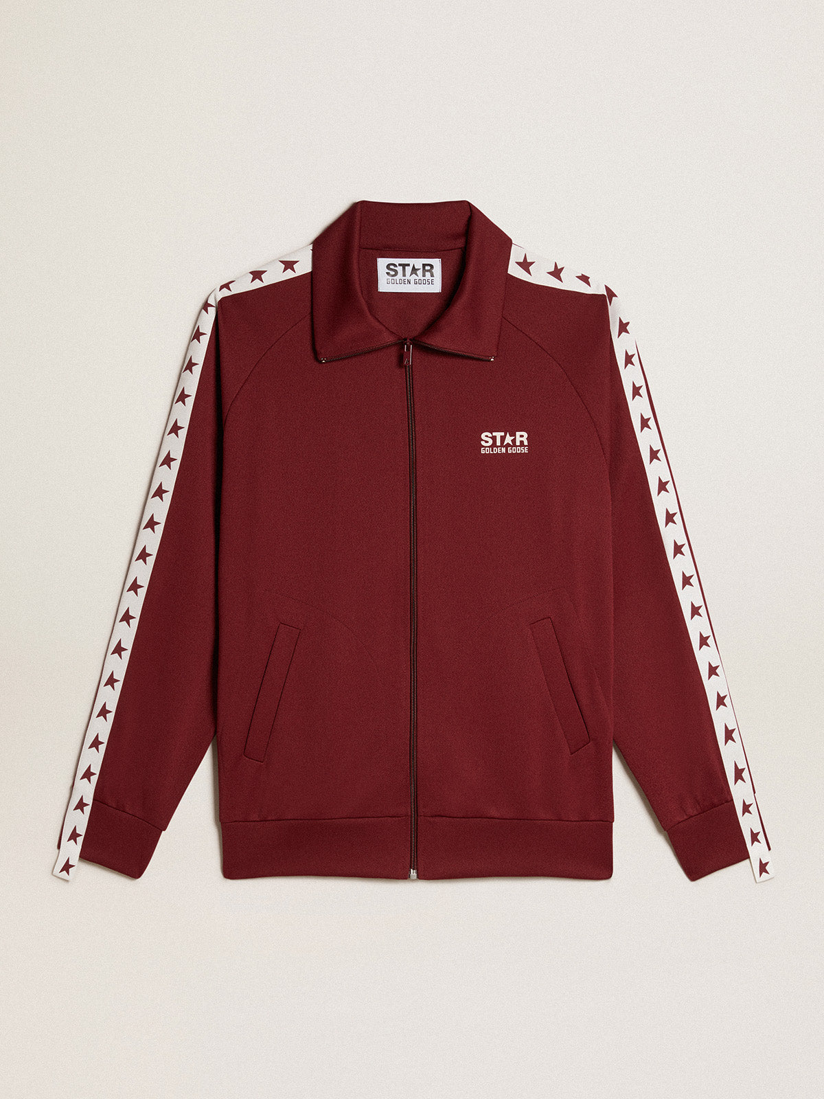 Men's burgundy zipped sweatshirt with white strip and contrasting stars| Golden Goose