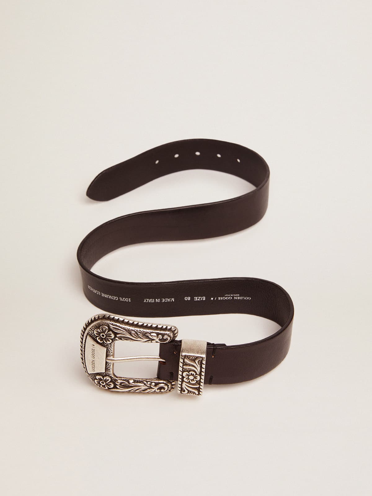 Women's belt in black leather with silver decorated buckle| Golden Goose