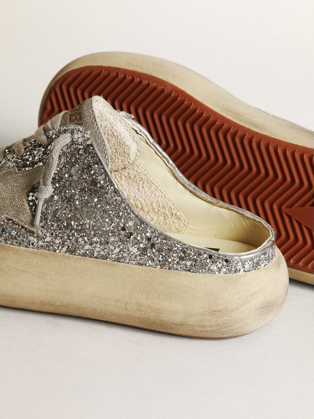 Women's Space-Star Sabot in glitter with ice-gray star and tab| Golden Goose
