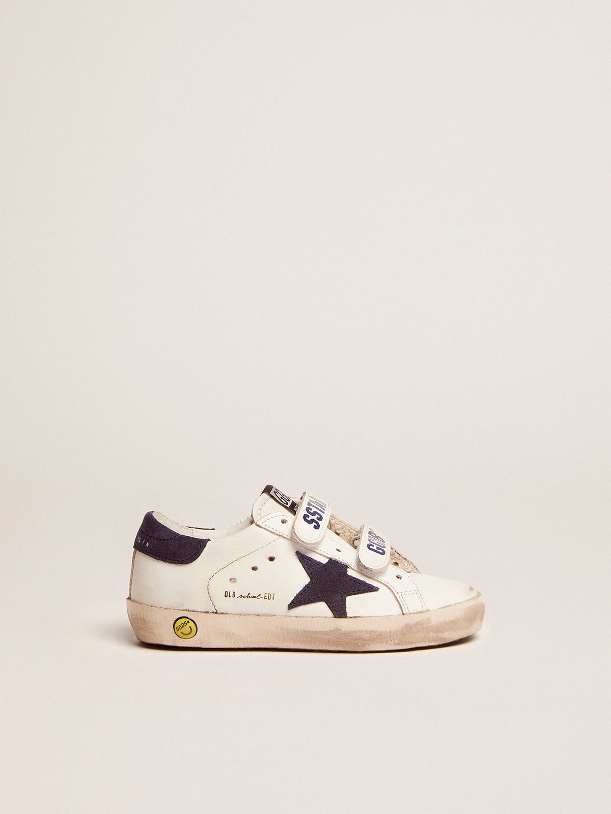 Old School Young in white leather with blue suede star and heel tab| Golden Goose