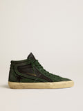 Slide LTD in green suede and black canvas with suede star and flash| Golden Goose
