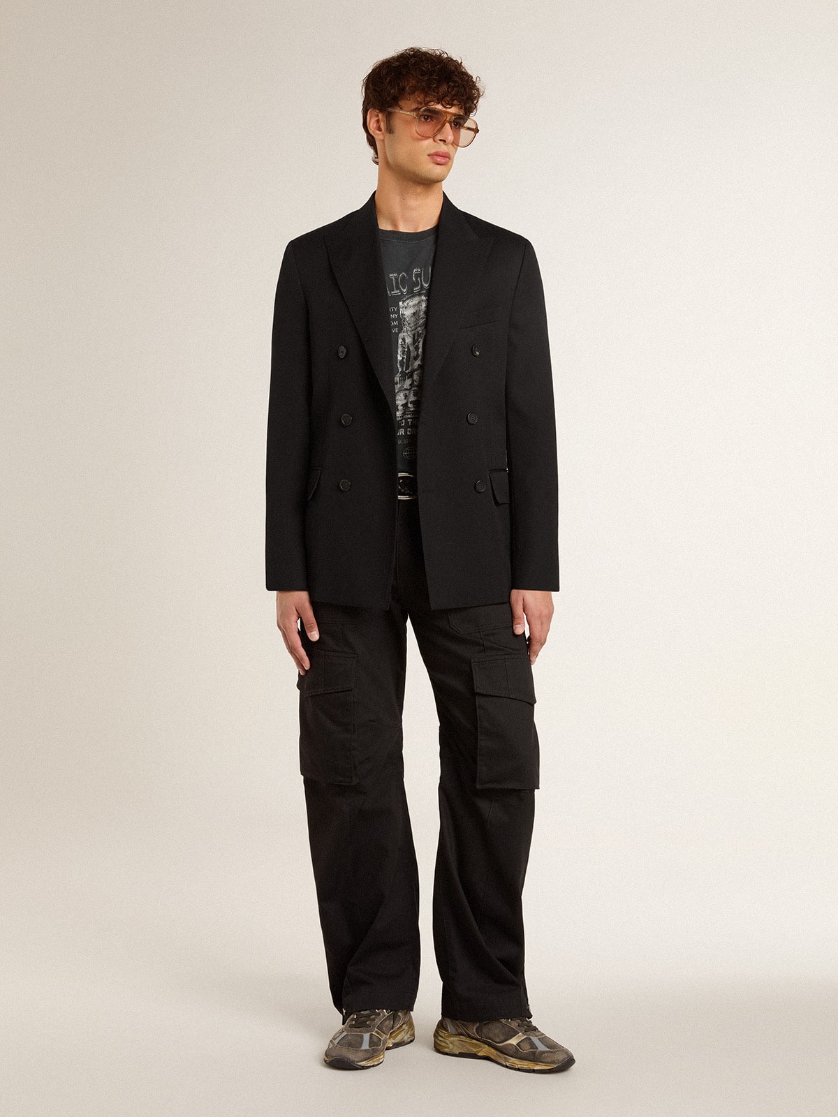 Men's black double-breasted blazer with button fastening| Golden Goose