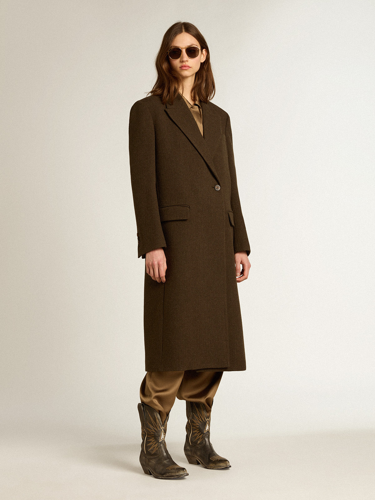 Women's one-and-a-half-breasted coat in bark-colored wool| Golden Goose