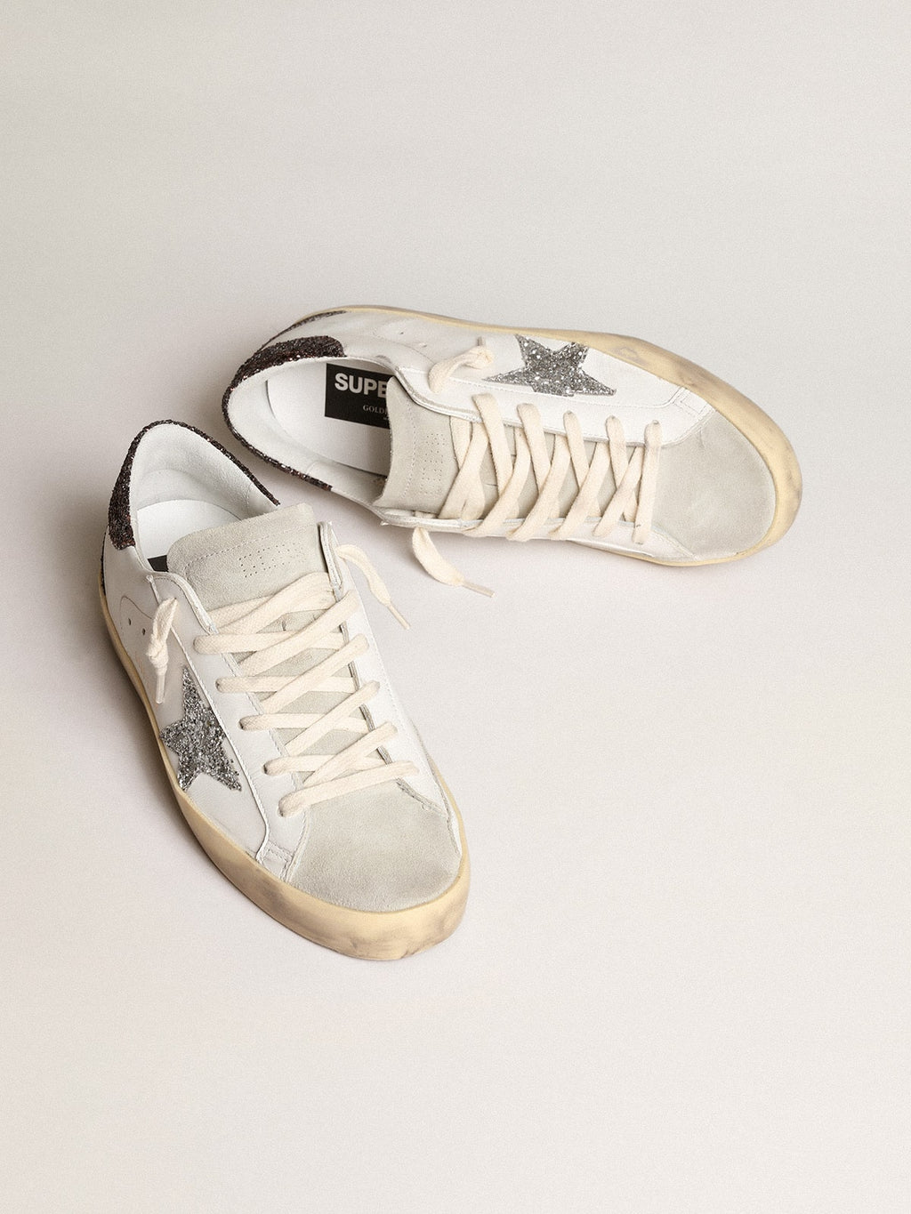 Women's Super-Star with silver star and brown glitter heel tab| Golden Goose