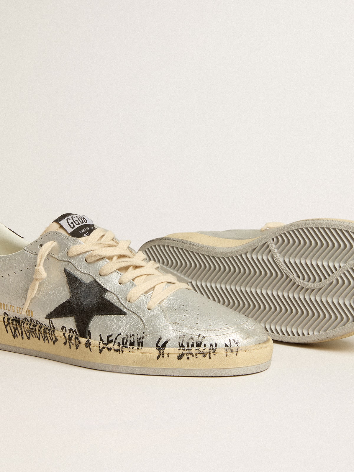 Ball Star LTD in silver leather with gray suede star and heel tab| Golden Goose