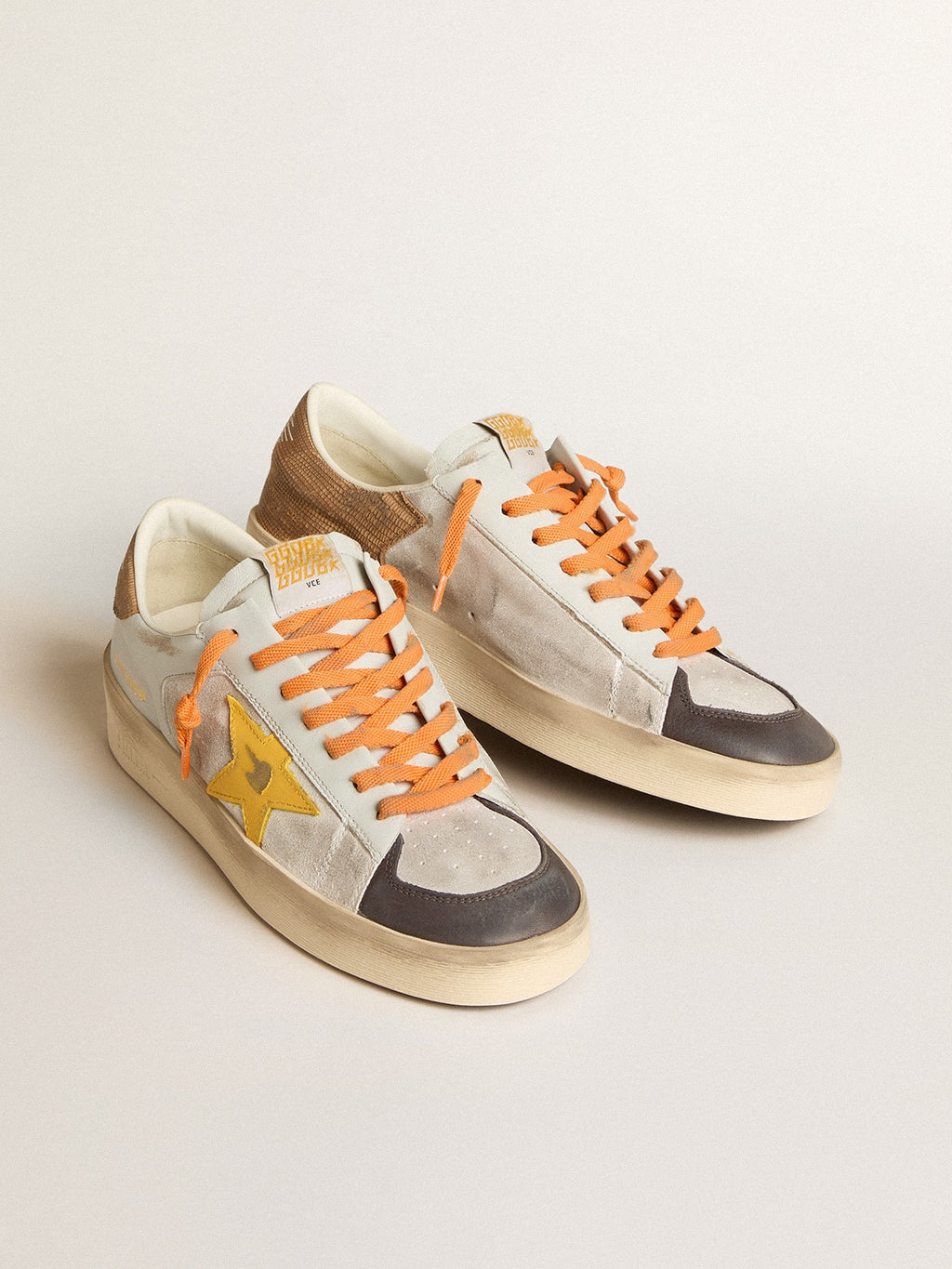 Men's white Stardan with ocher leather star and nubuck inserts| Golden Goose