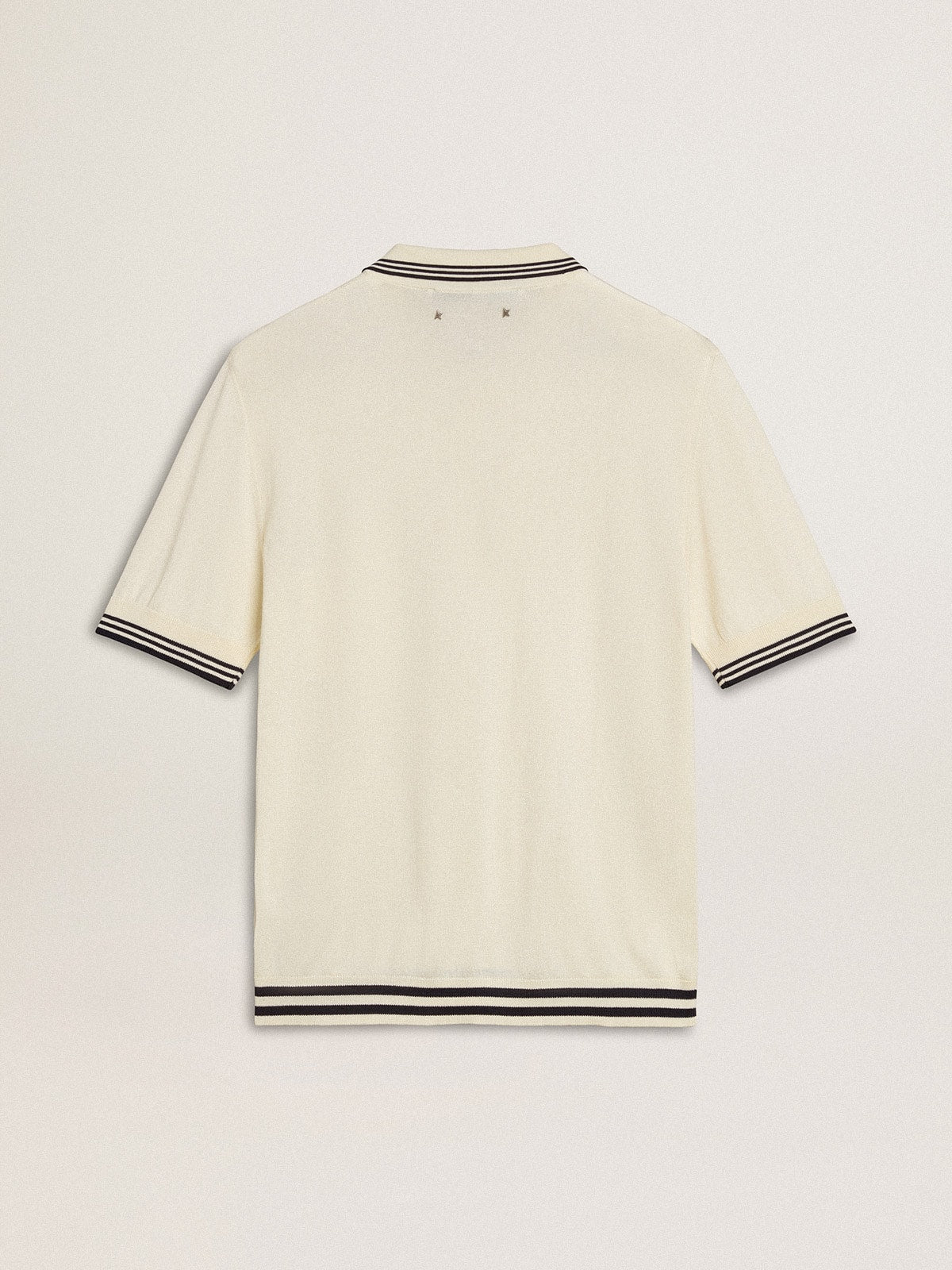 Men's worn-white knitted polo shirt with blue ribbing| Golden Goose