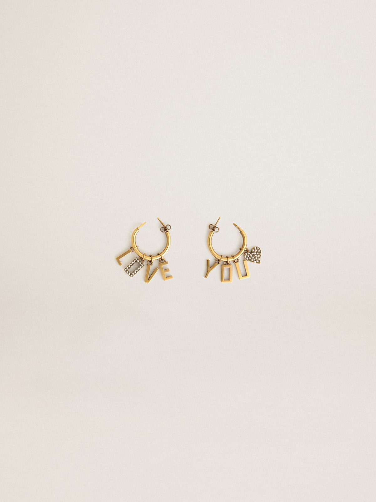 Hoop earrings with drop Love You lettering and crystals| Golden Goose