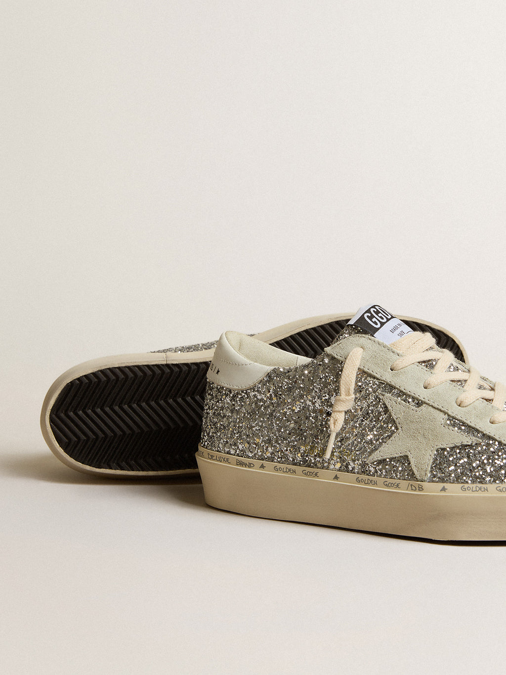 Hi Star in silver glitter with suede star and white heel tab| Golden Goose