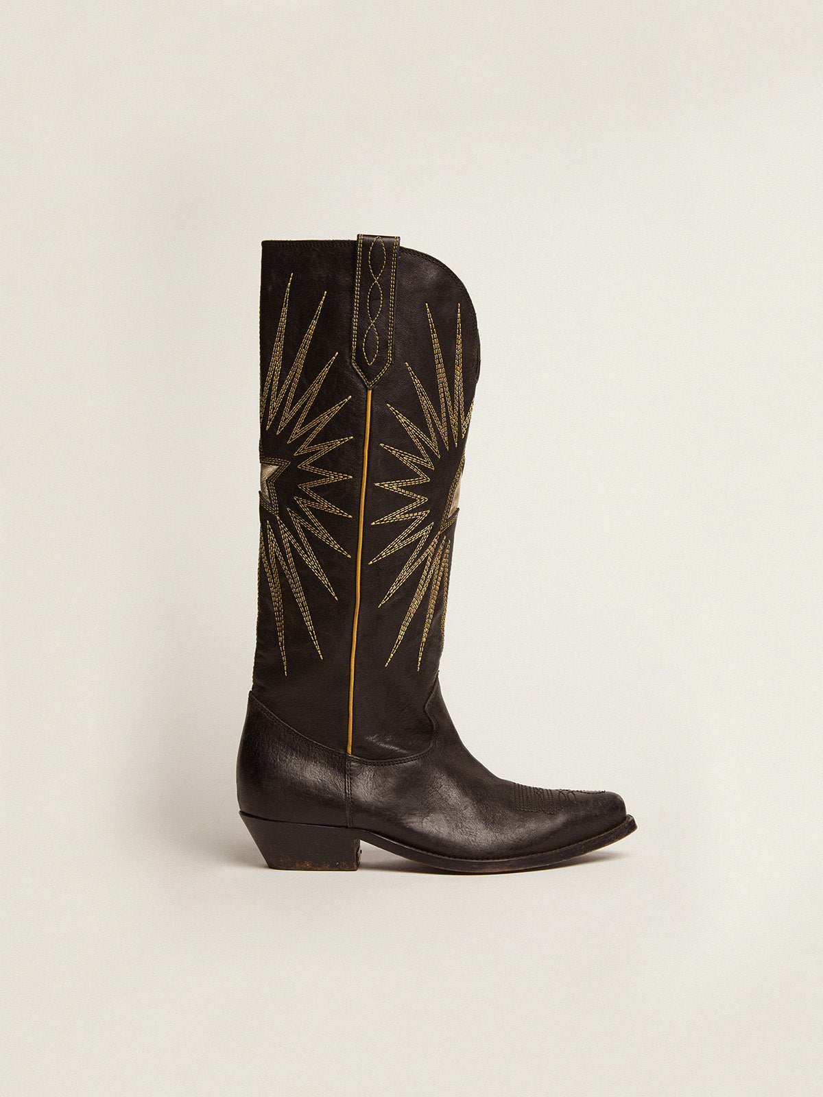 Women's boots in black leather with platinum star inlay| Golden Goose
