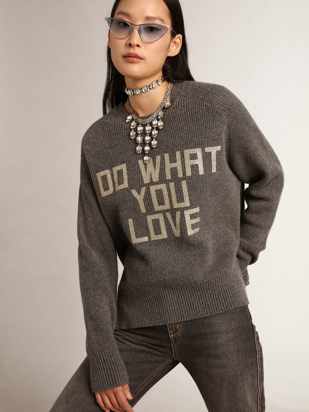 Women's gray round-neck sweater with glitter lettering| Golden Goose