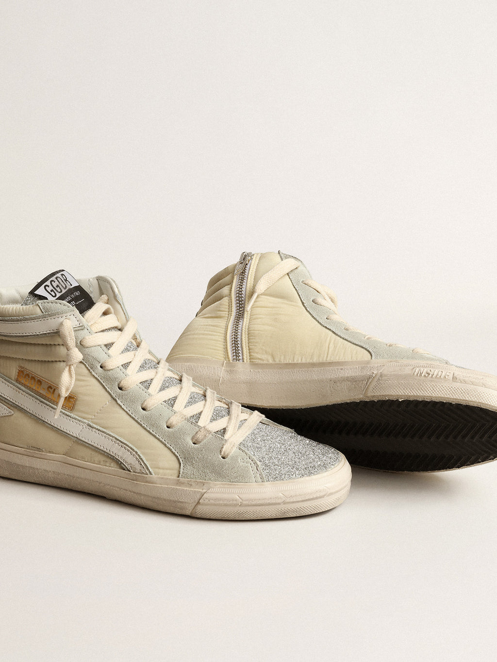 Slide in ivory nylon with white leather star and flash| Golden Goose