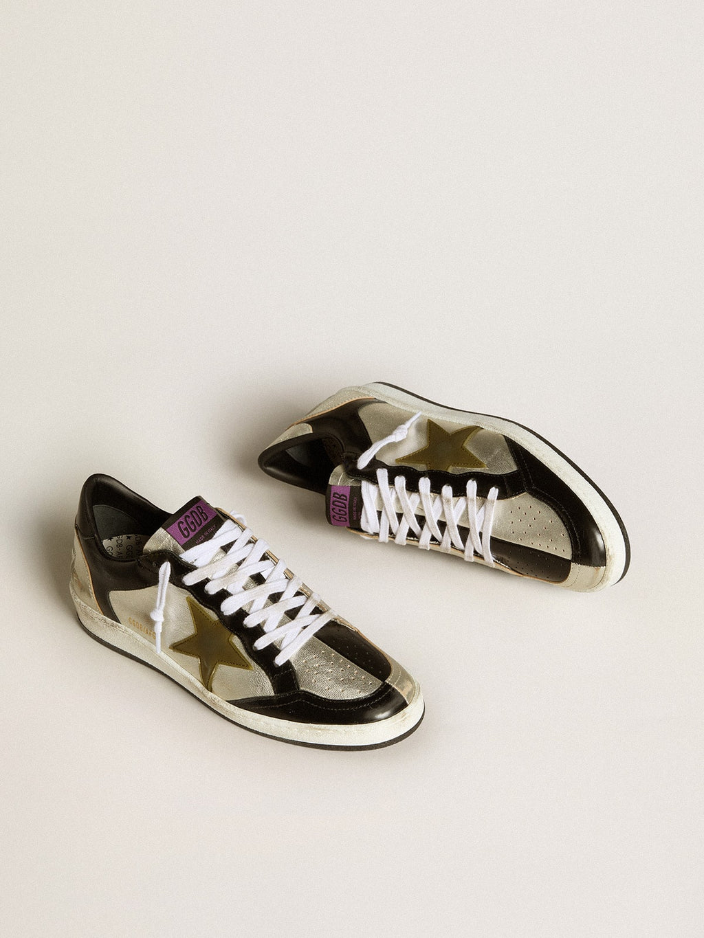 Women's Ball Star LAB in silver leather with brown leather star and black heel tab| Golden Goose