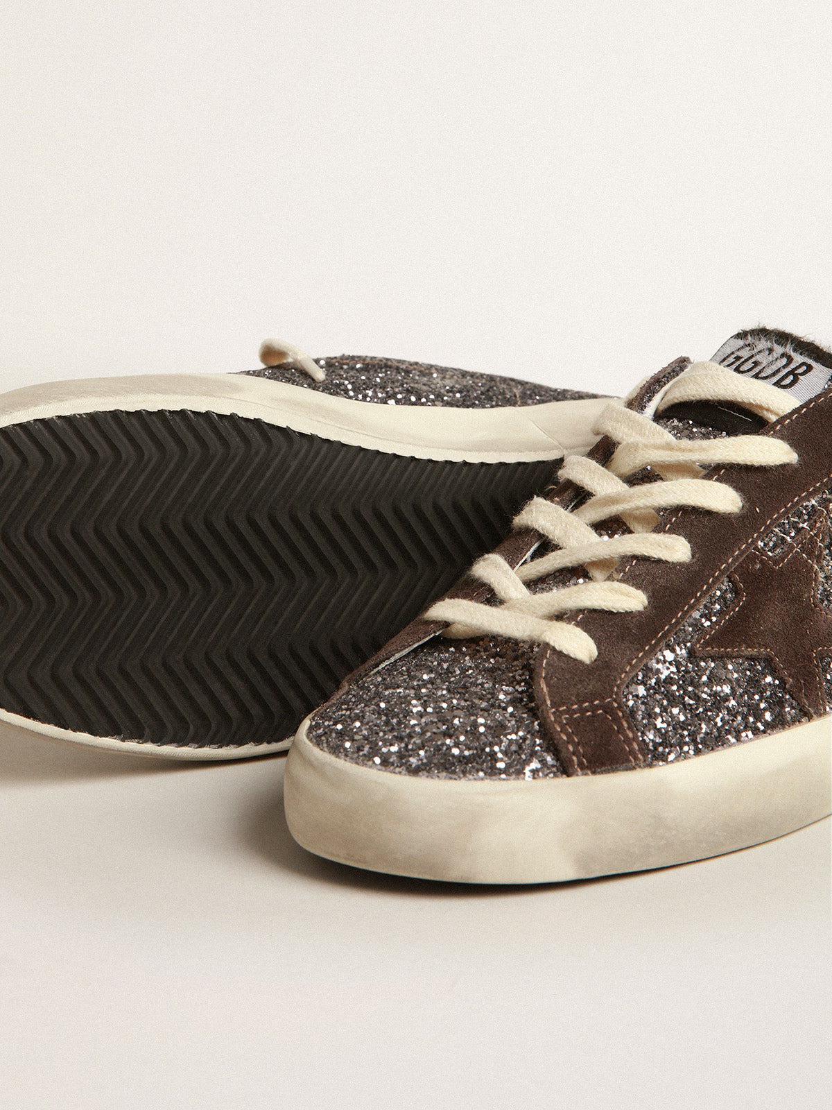 Super-Star in glitter with a brown star and lilac heel tab| Golden Goose