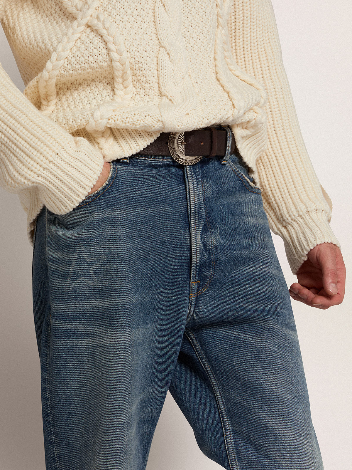 Black Ranch belt in washed leather with silver color studs| Golden Goose