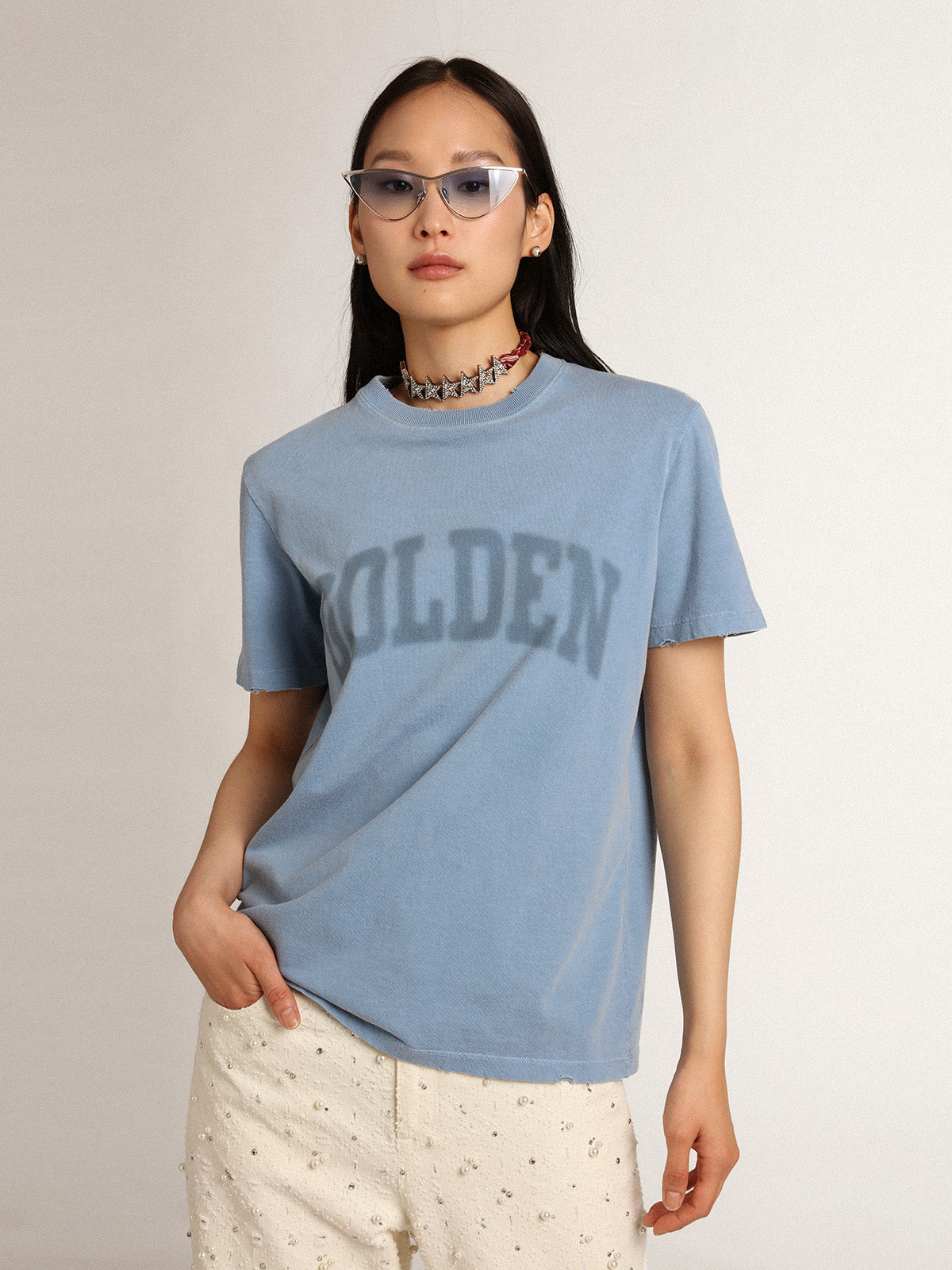 Women's harbor blue T-shirt with tone-on-tone Golden lettering| Golden Goose