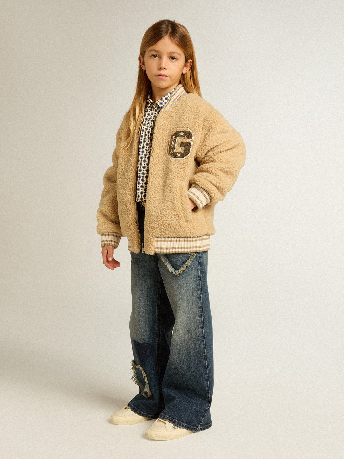 Kids beige fleece bomber jacket| Golden Goose