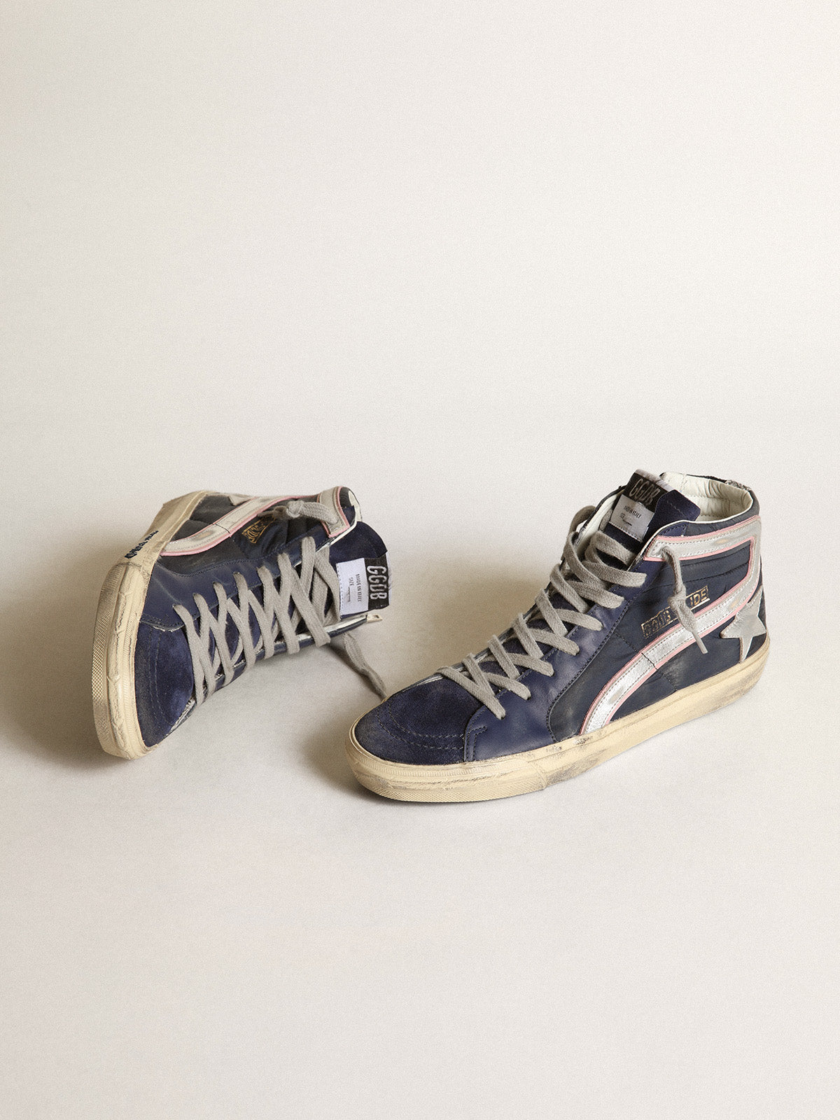 Slide LTD sneakers in blue nylon with silver metallic leather star and flash| Golden Goose